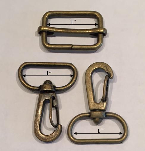 1 Antique Brass slide and 2 Antique Brass swivel snap hooks.